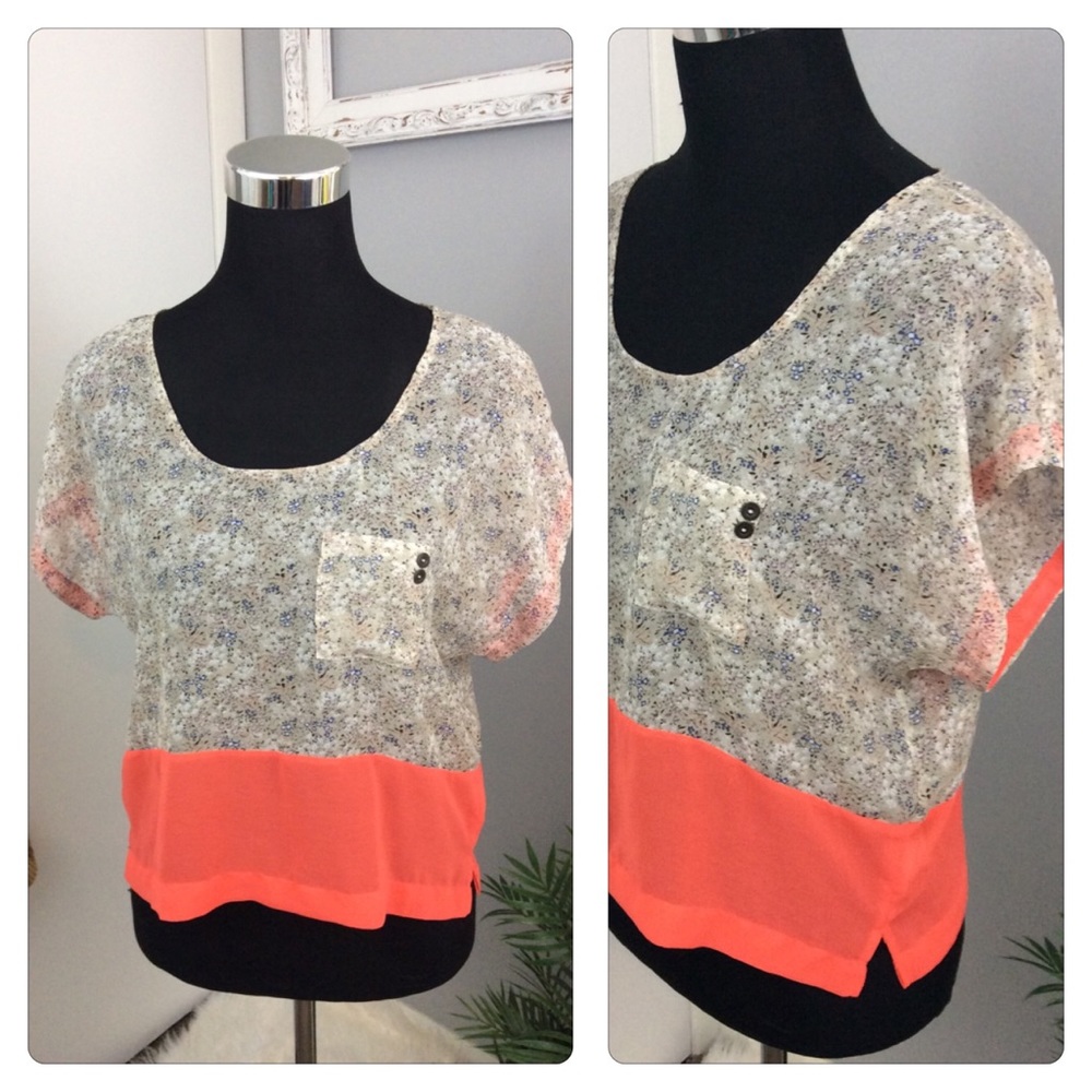 Women’s Sheer Floral Top Oversized Blouse S Neon orange cropped blouse Summer